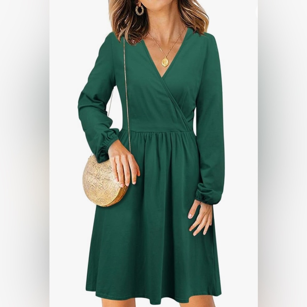 V Neck Long Puff Sleeve Dress with Pockets